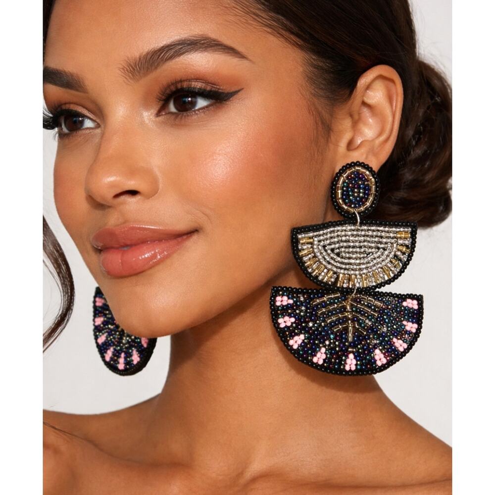 Kay Lee Black Beaded Boho Earrings New